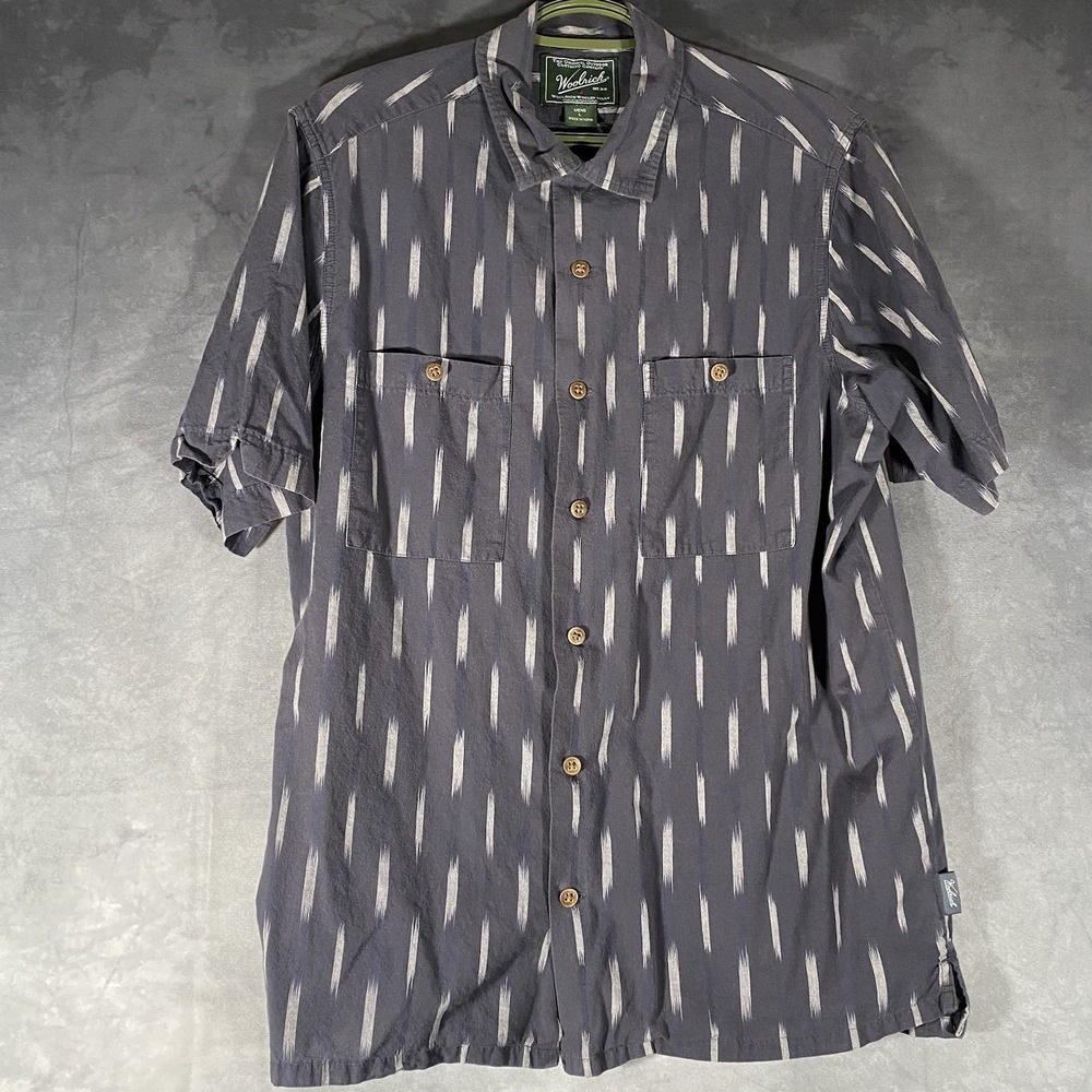 Woolrich Button-up Camp Shirt Blue w Vertical Dash ikat Pattern Short Sleeve L